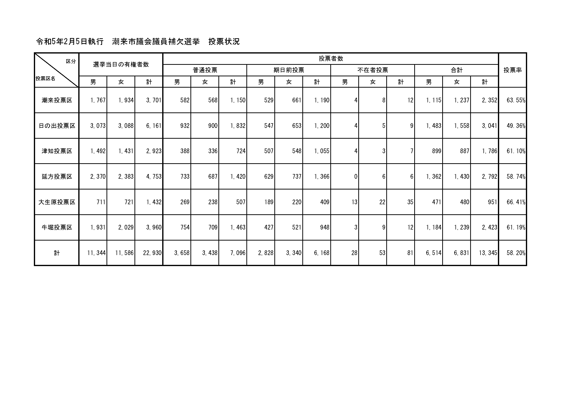 令和5年2月5日執行　潮来市議会議員補欠選挙　地区別投票状況