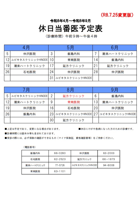 休日当番医R8上半期　再 変更 版